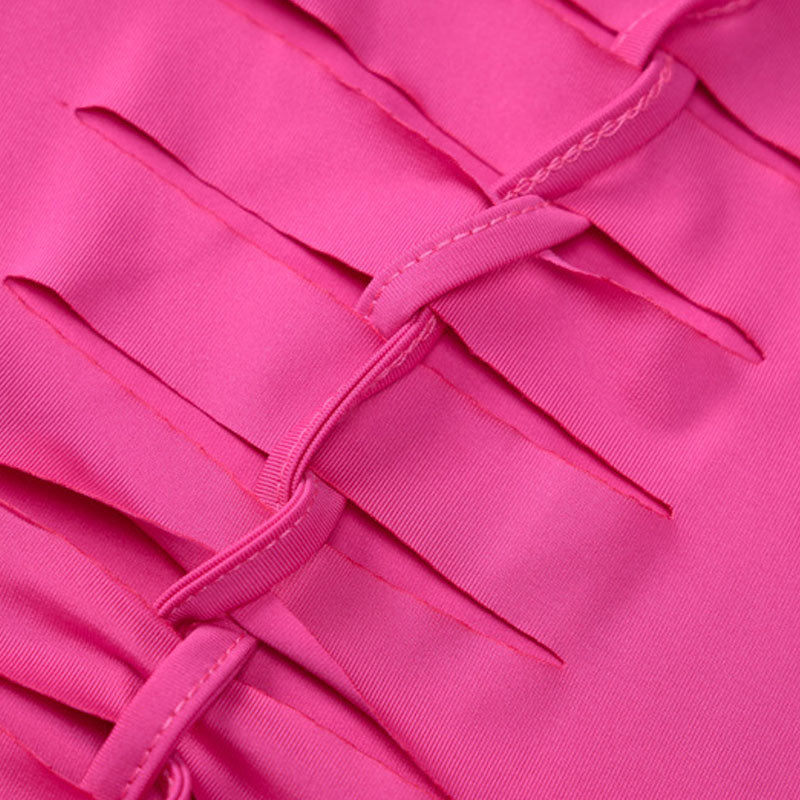 Hot Pink Crew Neck Ladder Cut Out Long Sleeve Bodycon Mini Dress 3