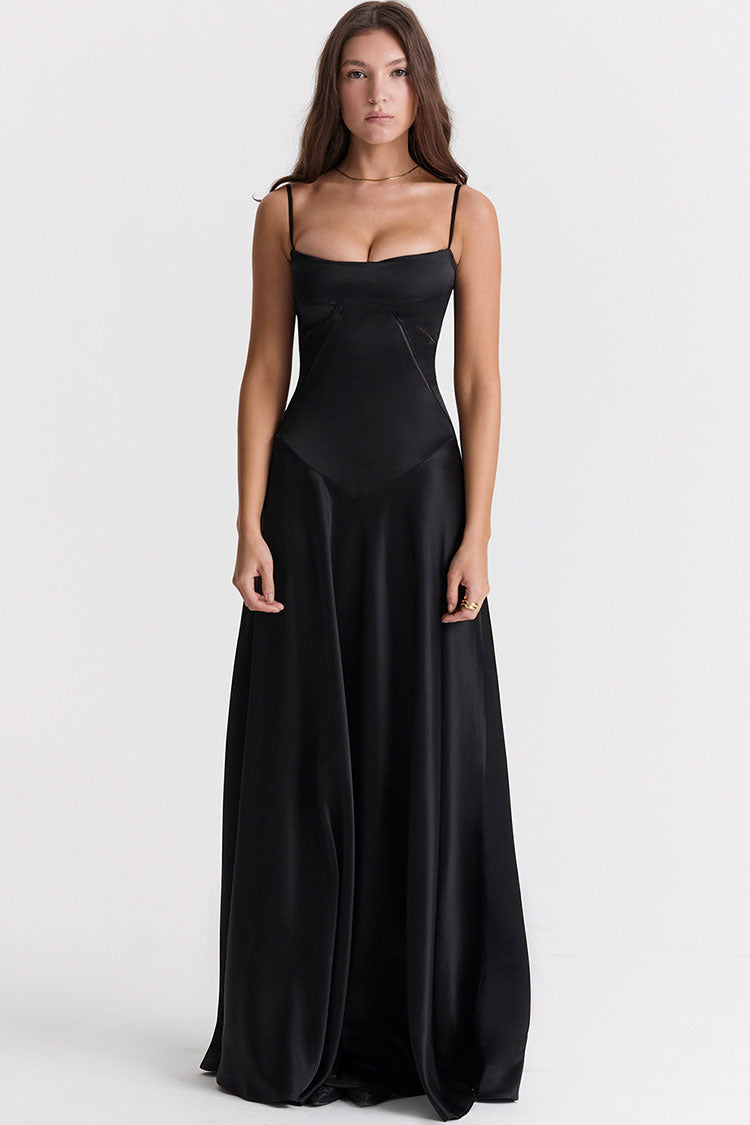 Black Square Neck Pintuck Satin Lace-Up Back Slip Maxi Dress