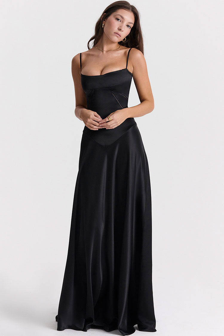 Black Square Neck Pintuck Satin Lace-Up Back Slip Maxi Dress