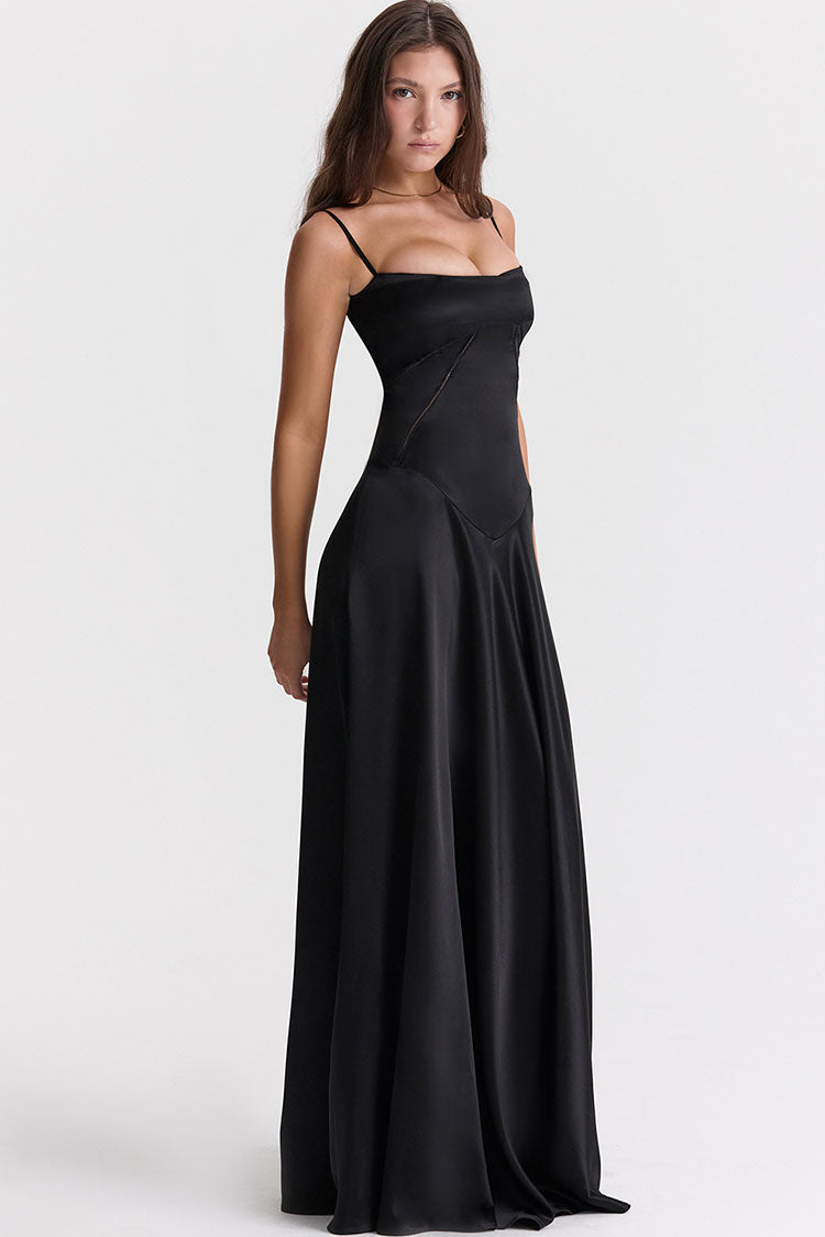 Black Square Neck Pintuck Satin Lace-Up Back Slip Maxi Dress