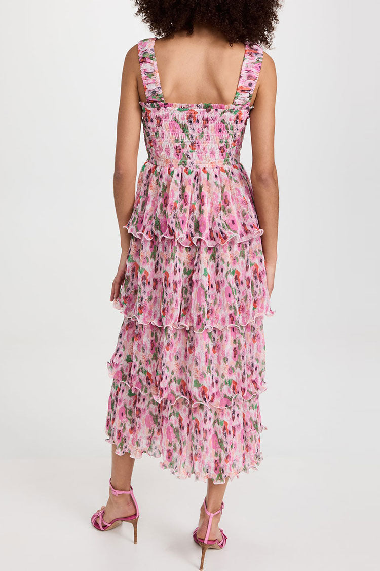 Pink Square Neck Smocked Floral Print Tiered Ruffle A-Line Midi Sundress