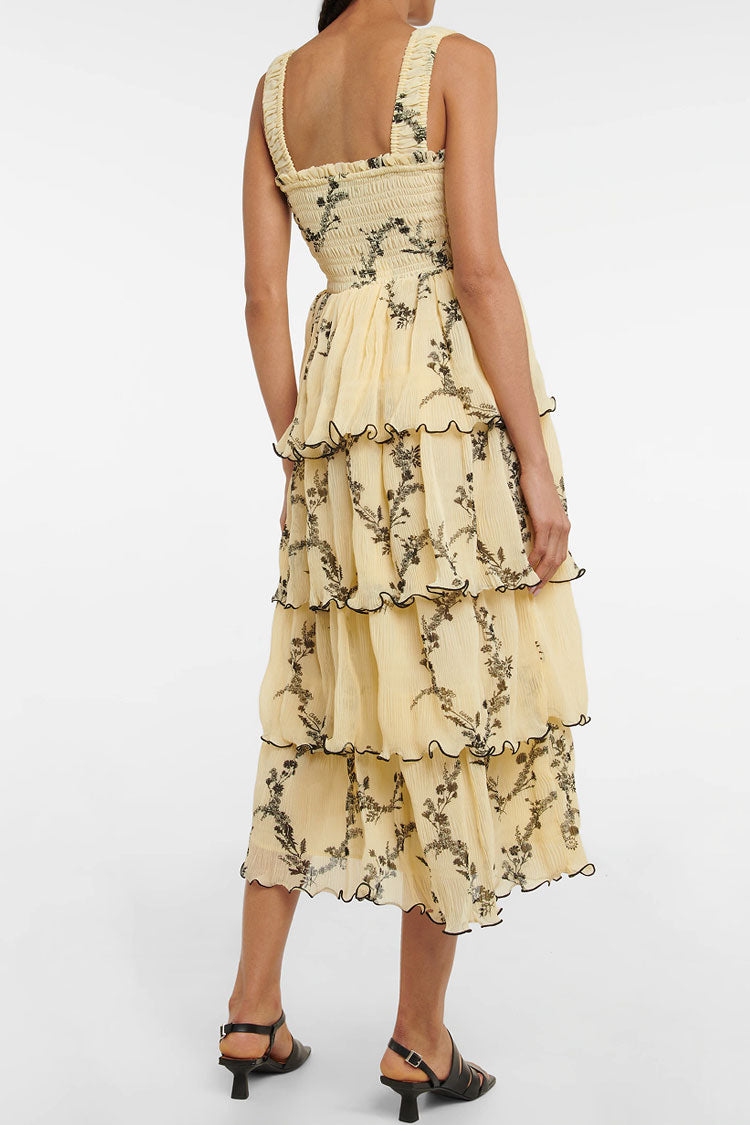 Yellow Square Neck Smocked Floral Print Tiered Ruffle A-Line Midi Sundress