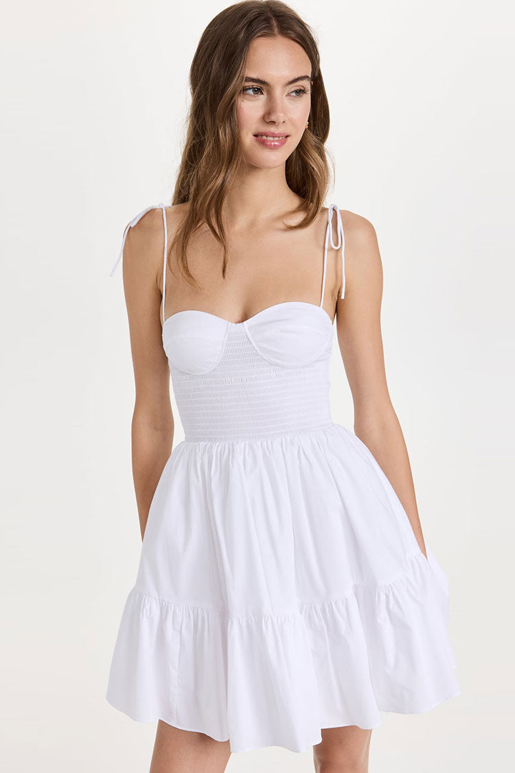White Sweetheart Tie Strap Smocked Tiered Fit Flare Mini Dress
