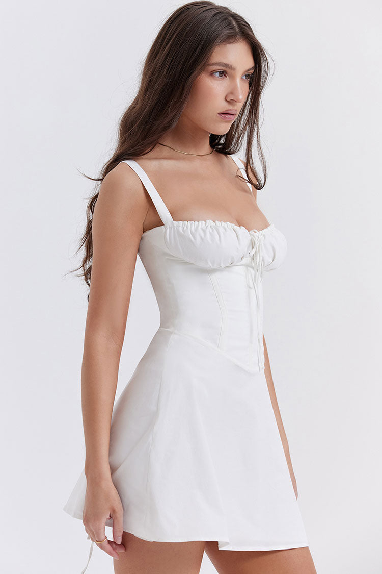 White Sweetheart Tie Front Corset Fit And Flare Mini Dress