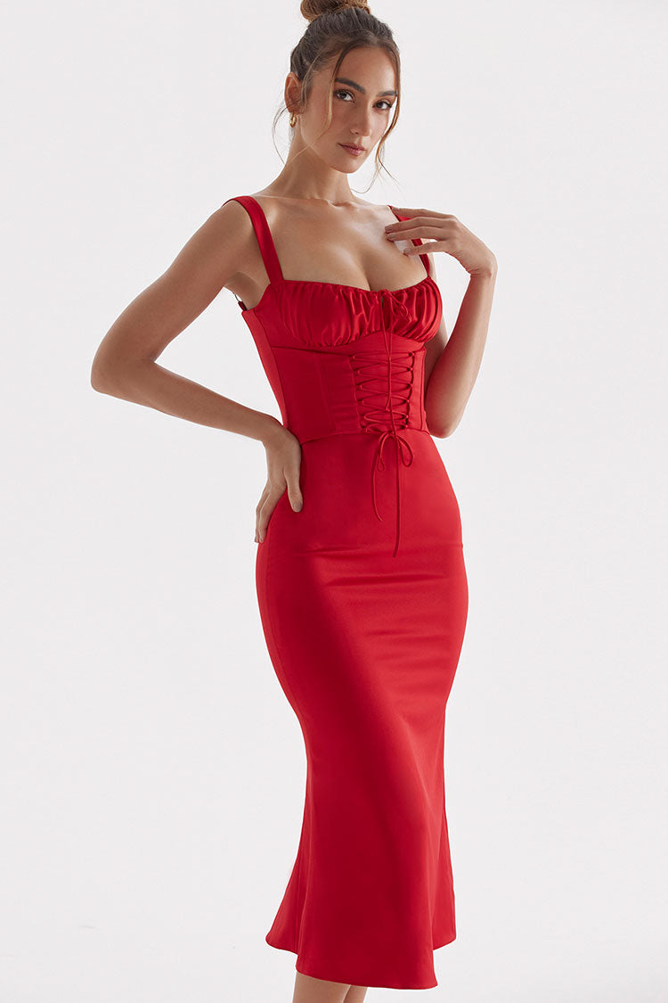 Red Sweetheart Lace Up Corset Satin Bodycon Midi Dress