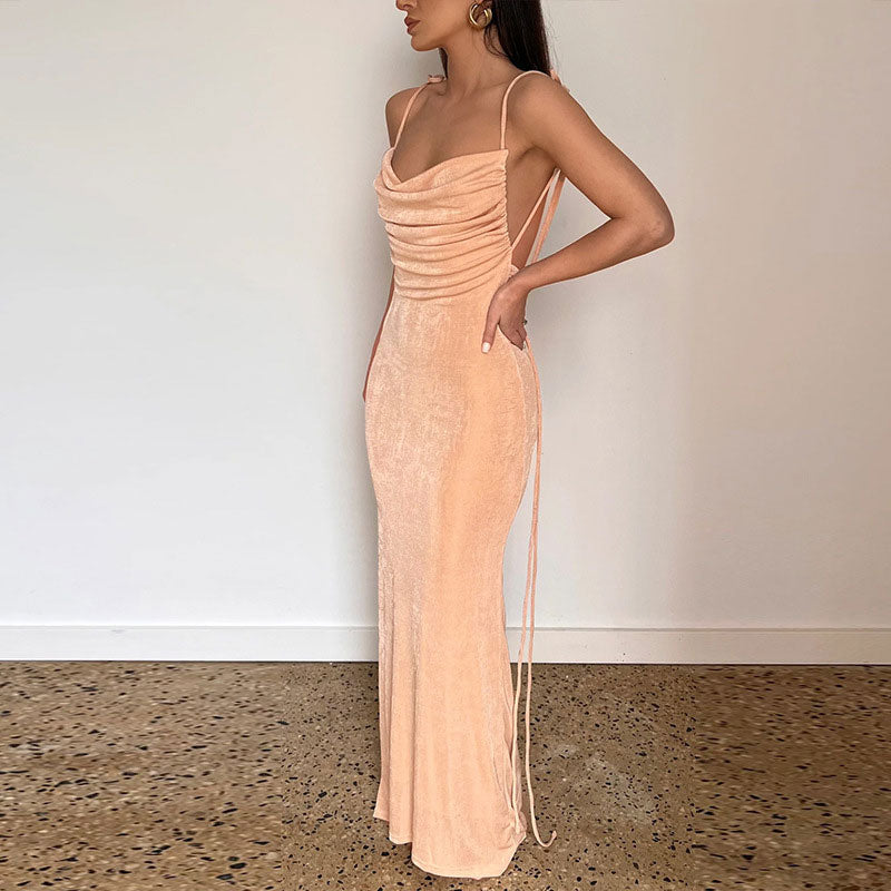 Apricot Tie Shoulder Backless Ruched Bodycon Maxi Dress