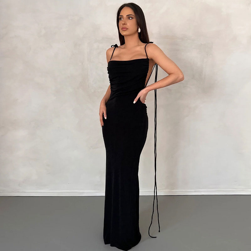 Black Tie Shoulder Backless Ruched Bodycon Maxi Dress