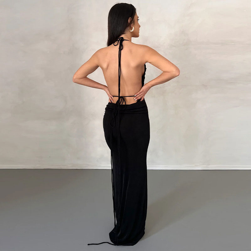 Black Tie Shoulder Backless Ruched Bodycon Maxi Dress