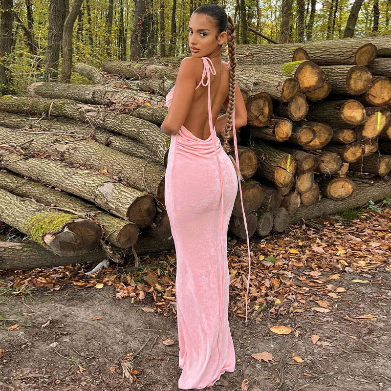 Pink Tie Shoulder Backless Ruched Bodycon Maxi Dress