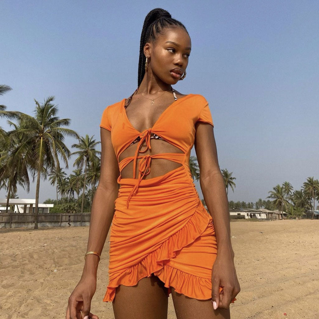 Orange Plunge V-Neck Short Sleeve Tie Front Cutout Ruffle Mini Dress