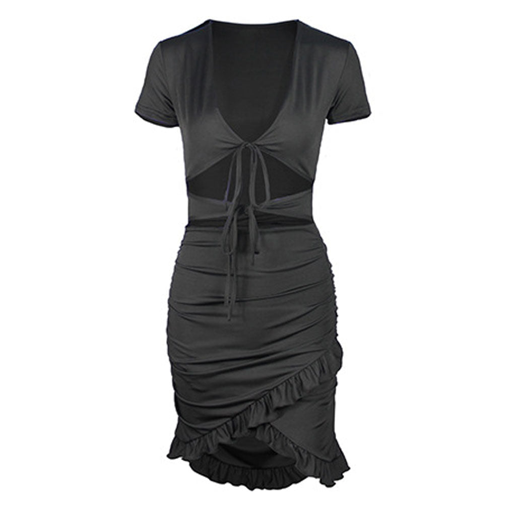 Black Plunge V-Neck Short Sleeve Tie Front Cutout Ruffle Mini Dress