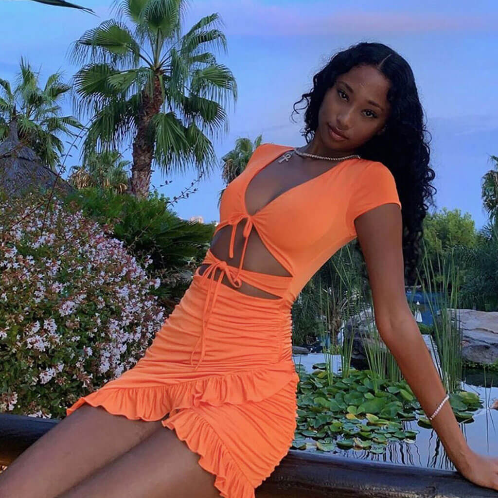 Orange Plunge V-Neck Short Sleeve Tie Front Cutout Ruffle Mini Dress