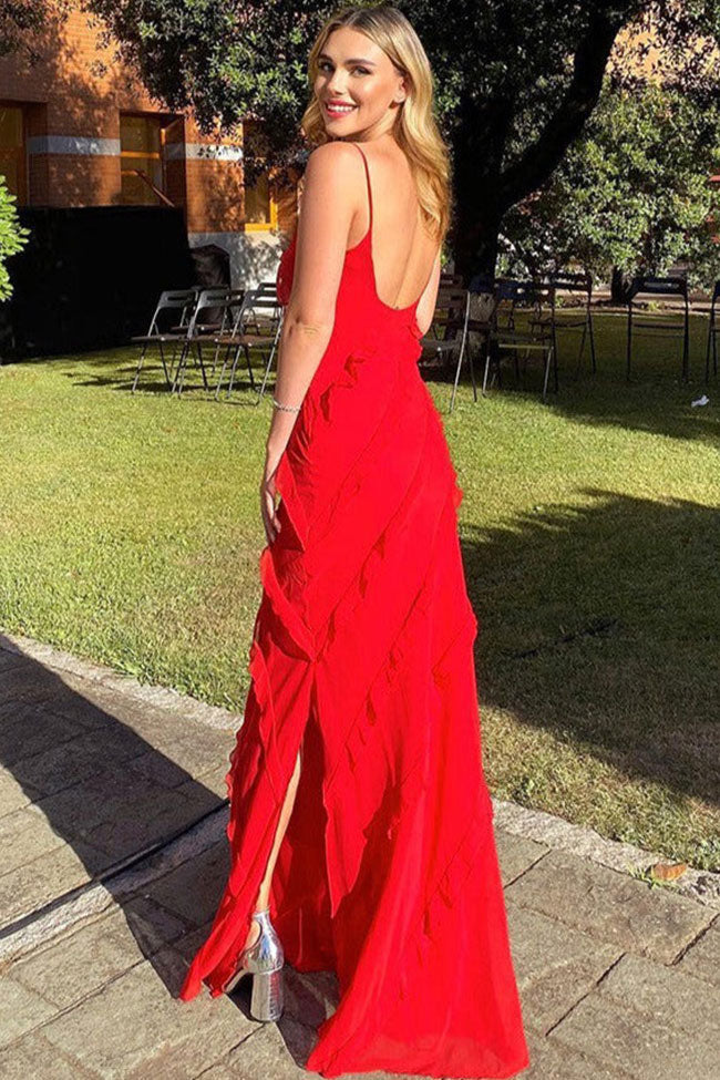 Red Spaghetti Strap V-Neck Diagonal Ruffle Chiffon Slip Maxi Gown