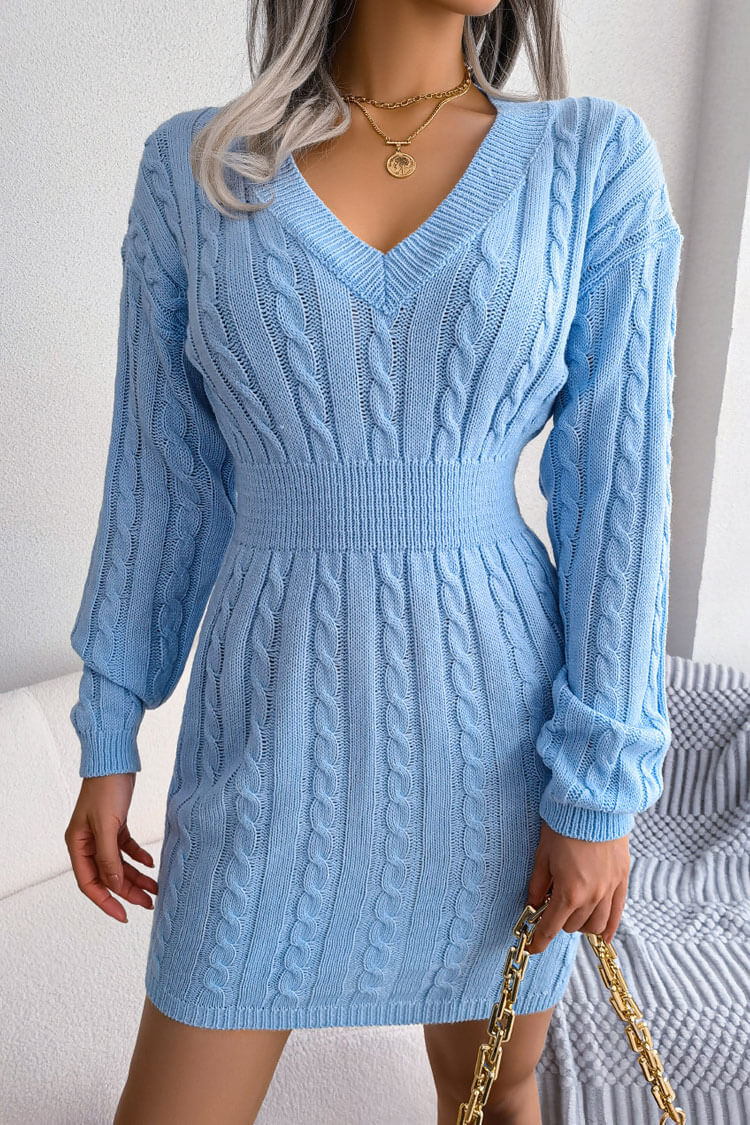 Blue V-Neck Long Sleeve Cable Knit Cinched Waist Sweater Mini Dress