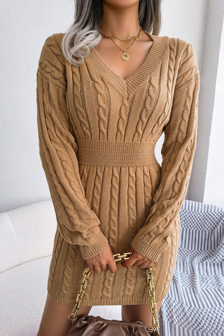 Khaki V-Neck Long Sleeve Cable Knit Cinched Waist Sweater Mini Dress