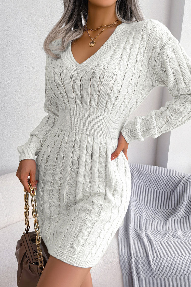 White V-Neck Long Sleeve Cable Knit Cinched Waist Sweater Mini Dress