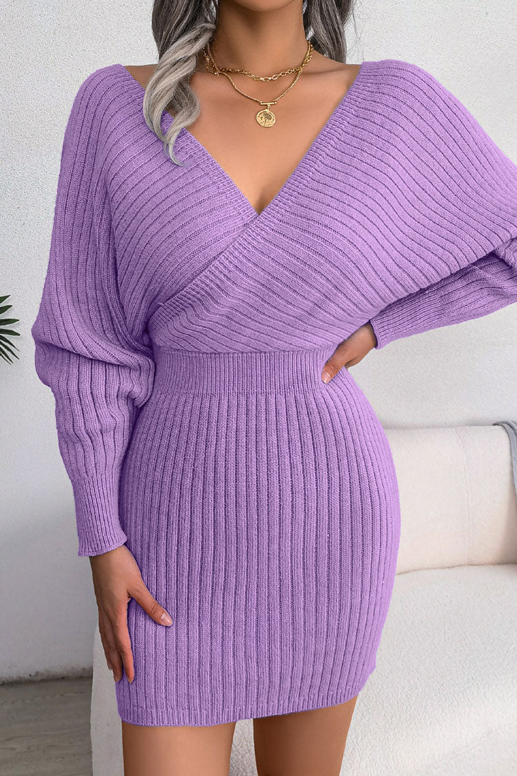 Purple Off-Shoulder V-Neck Dolman Sleeve Rib Knit Sweater Mini Dress