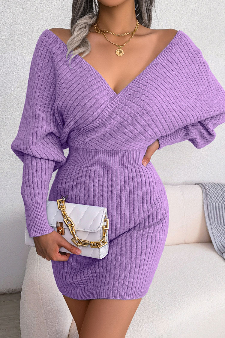 Purple Off-Shoulder V-Neck Dolman Sleeve Rib Knit Sweater Mini Dress