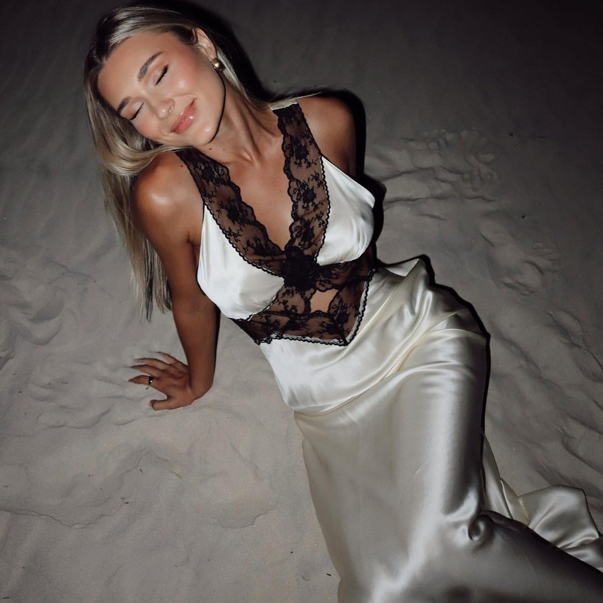 V-Neck Lace Trim Satin Cutout Slip Maxi Dress