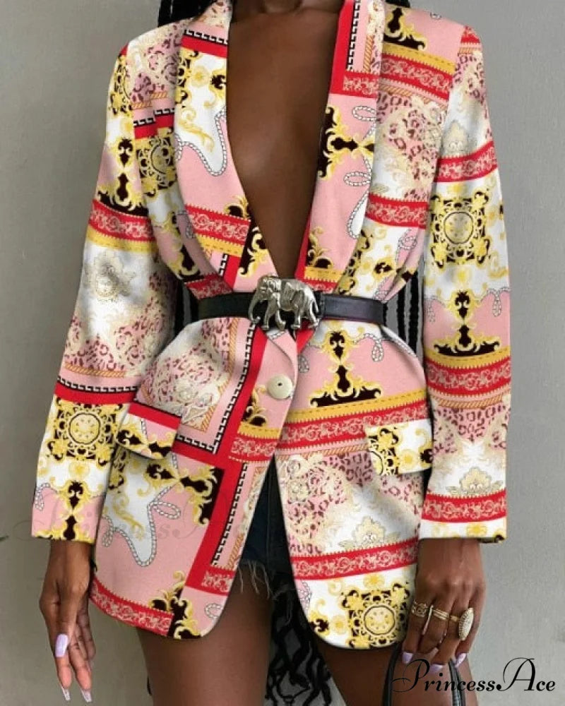 Shawl Lapel Long Sleeve Abstract Blazer