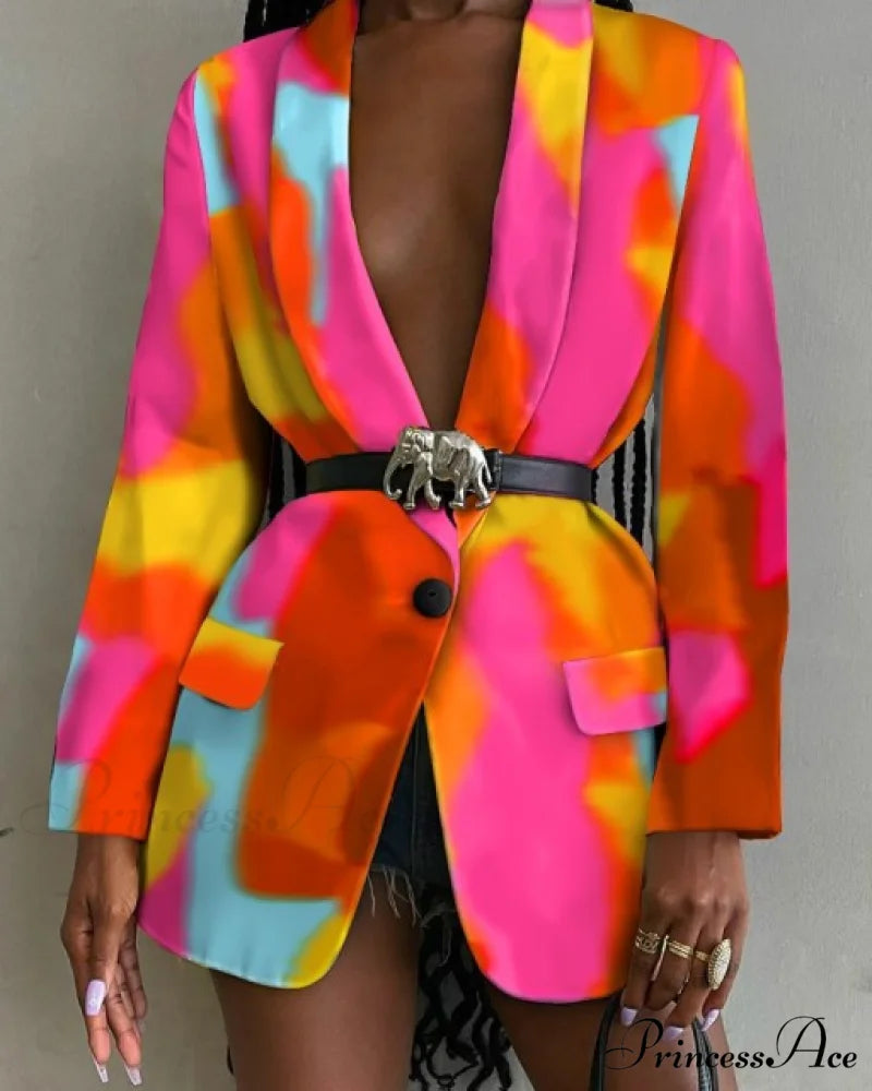 Shawl Lapel Long Sleeve Abstract Blazer