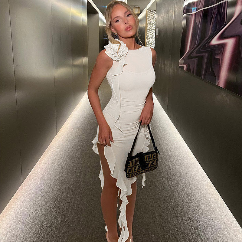 White Round Neck Sleeveless Rosette Ruffle Trim Asymmetric Bodycon Midi Dress