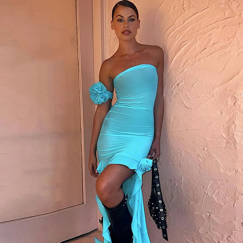 Blue Strapless Mesh Rosette Applique Ruched Asymmetric Ruffle Midi Dress