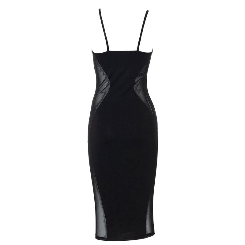 Black Spaghetti Strap Mesh Panel Underwire Cutout Bodycon Midi Dress