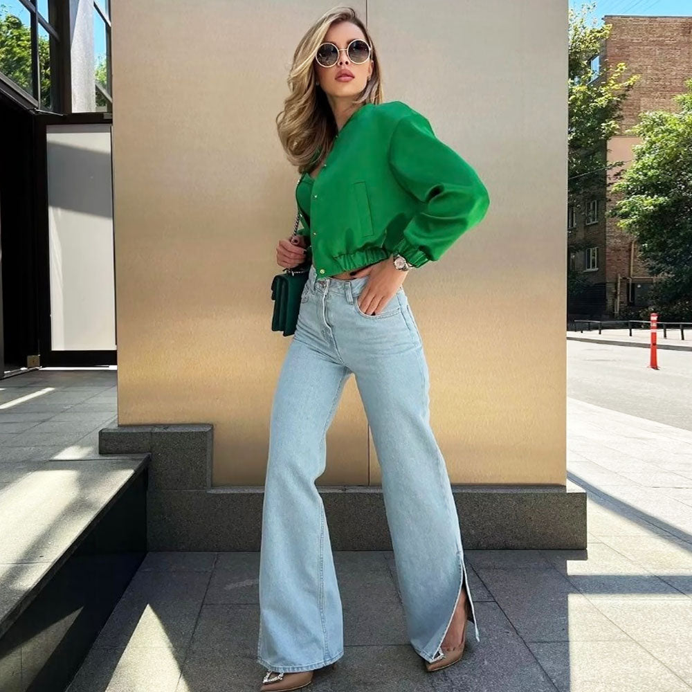 Emerald Green Mock Neck Button Up Cropped Bomber Jacket Set
