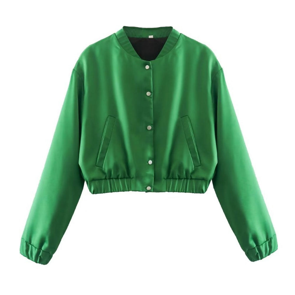 Emerald Green Mock Neck Button Up Cropped Bomber Jacket Set