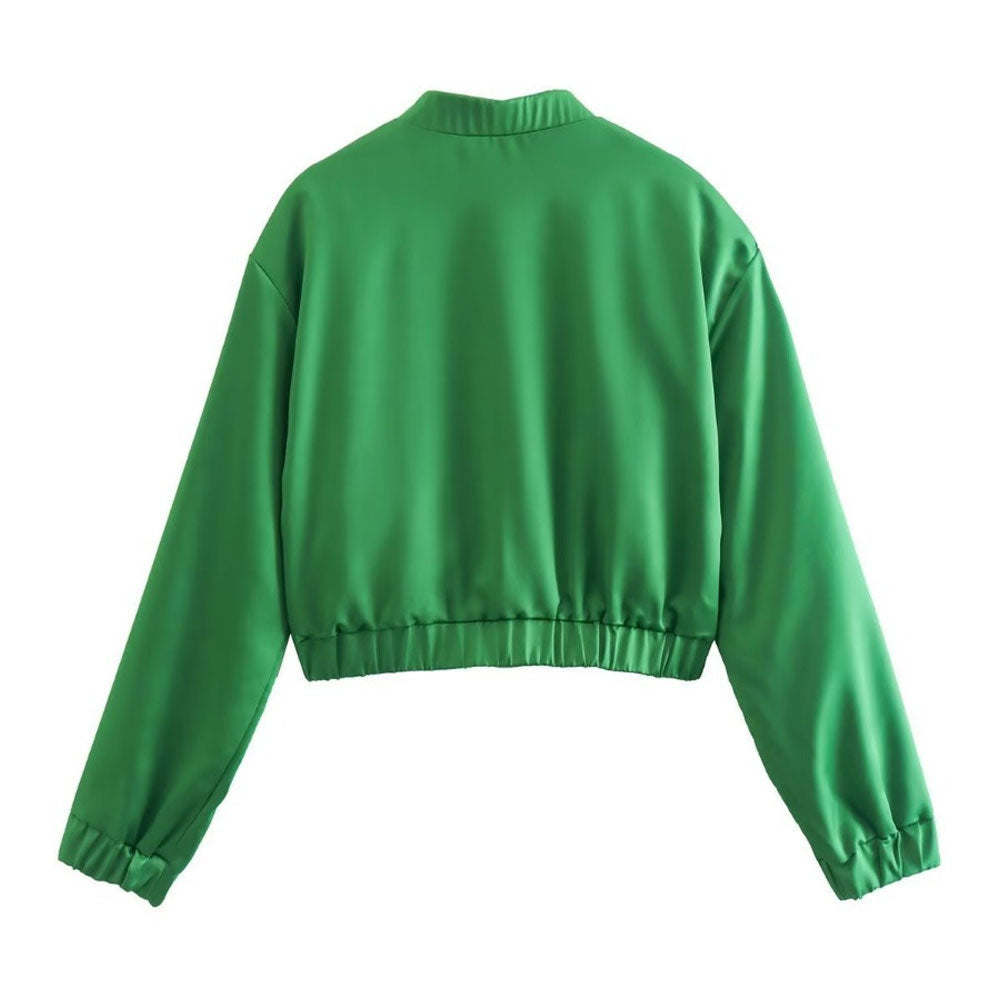Emerald Green Mock Neck Button Up Cropped Bomber Jacket Set