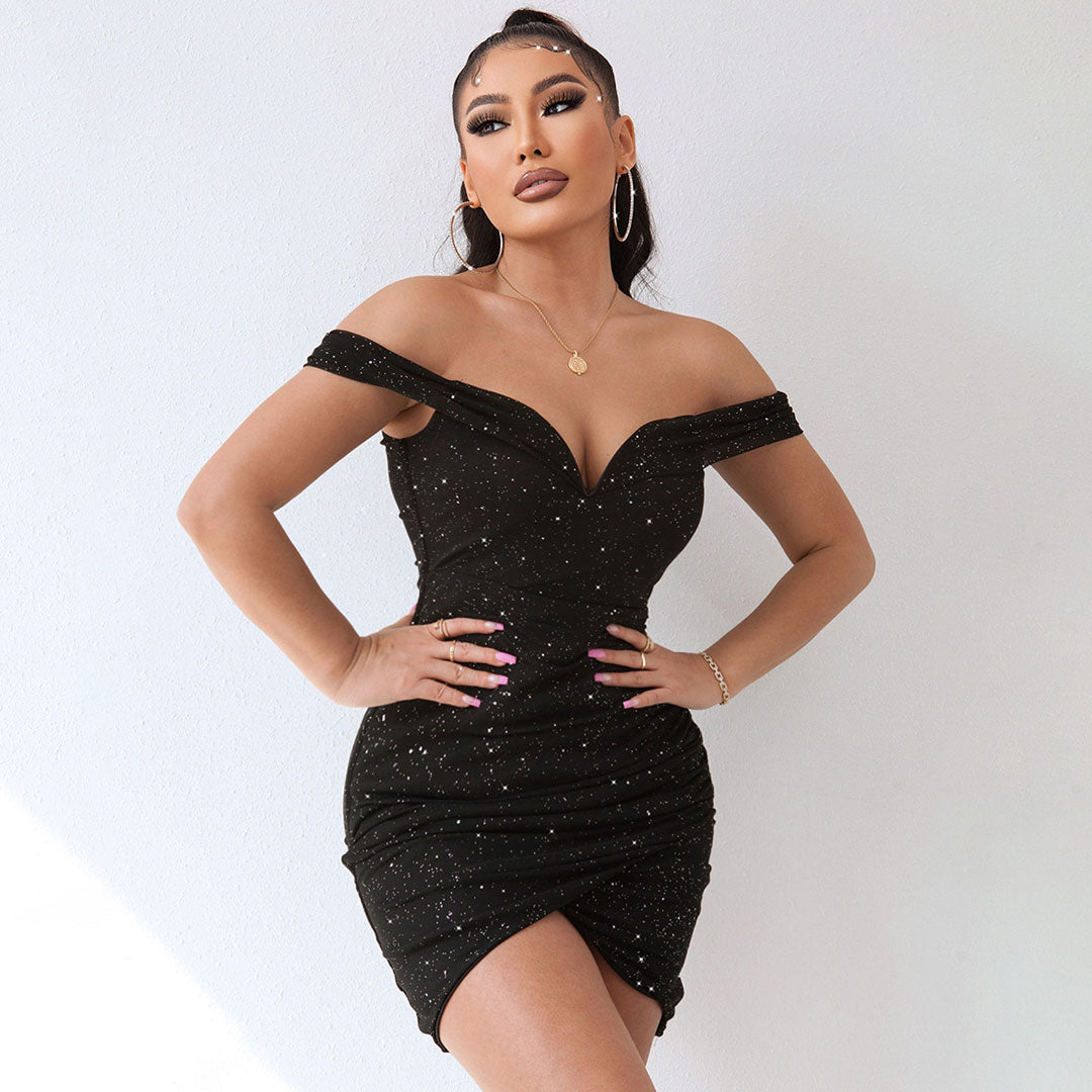 Black Off-Shoulder Sweetheart Glitter Ruched Wrap Bodycon Mini Dress