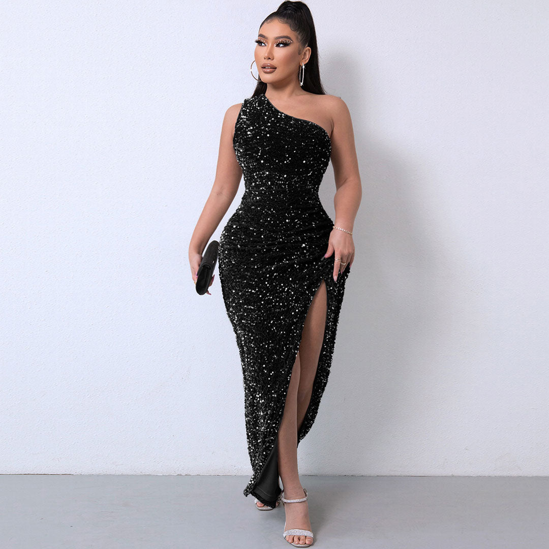 Black One Shoulder Sequin Ruched High Slit Bodycon Maxi Gown