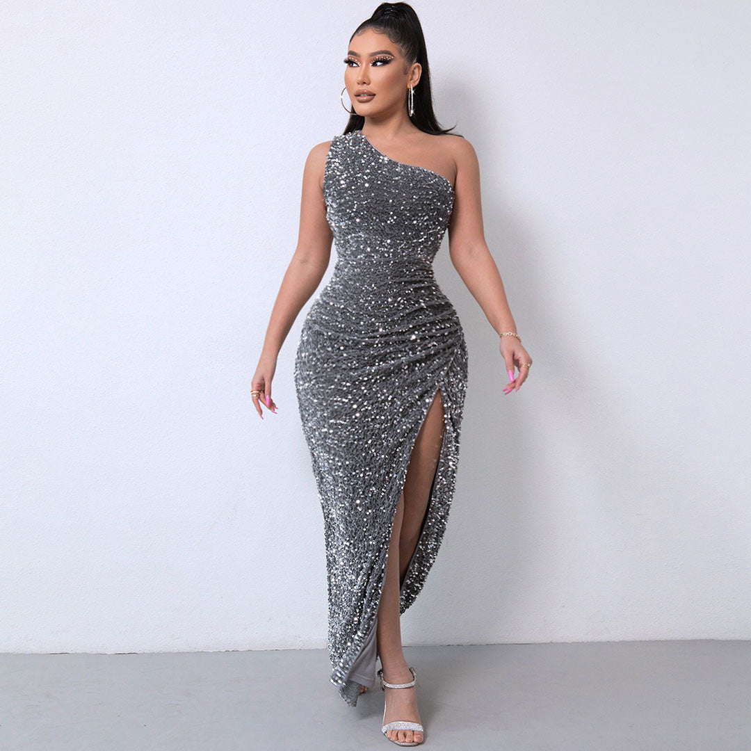 Dark Gray One Shoulder Sequin Ruched High Slit Bodycon Maxi Gown