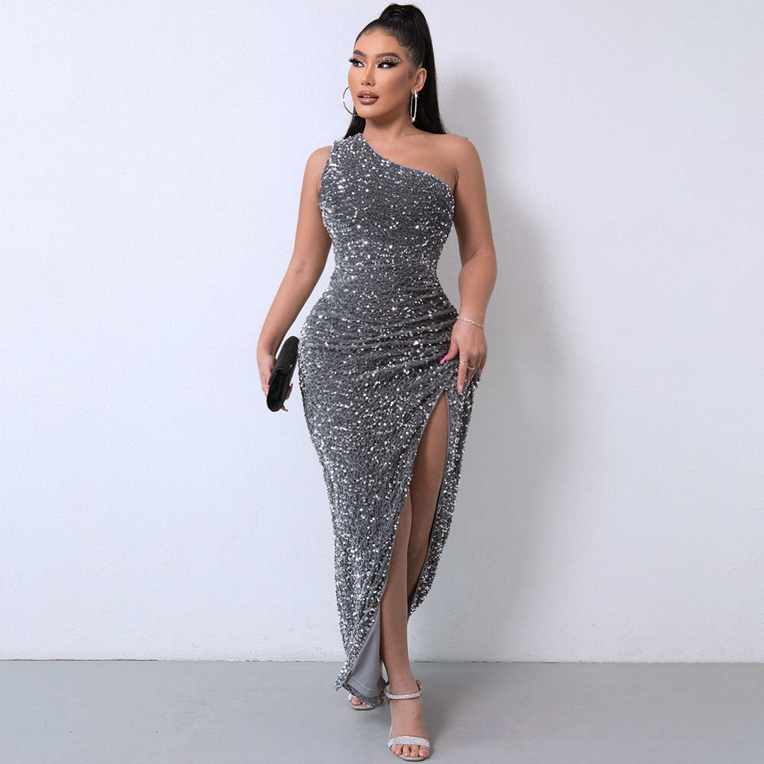 Dark Gray One Shoulder Sequin Ruched High Slit Bodycon Maxi Gown