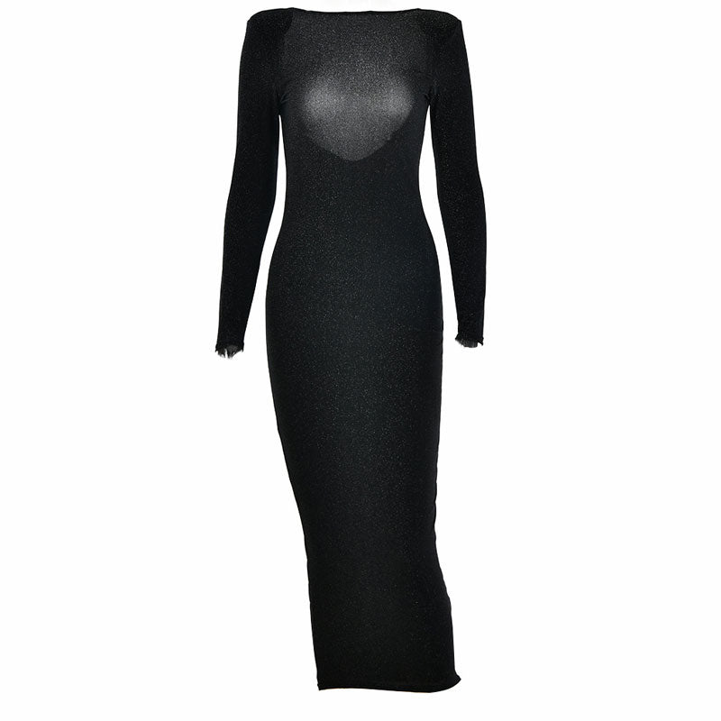 Black Crew Neck Shoulder Pad Shimmer Long Sleeve Bodycon Midi Dress