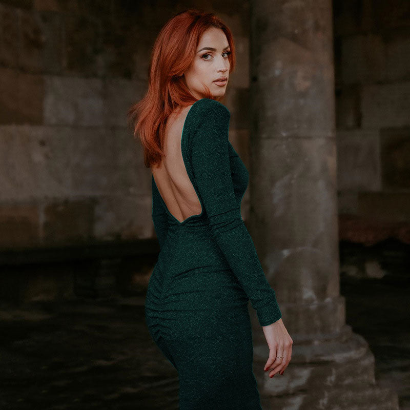 Emerald Green Crew Neck Shoulder Pad Shimmer Long Sleeve Bodycon Midi Dress