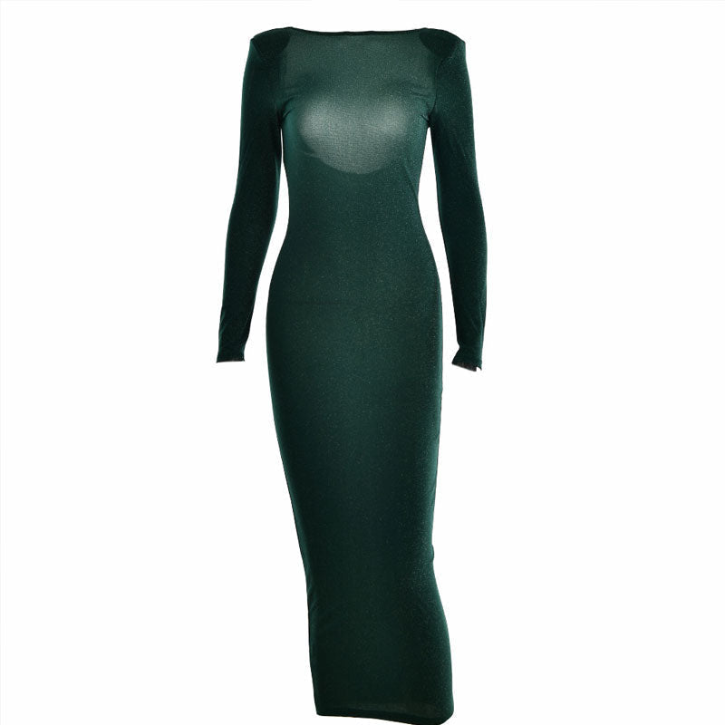 Emerald Green Crew Neck Shoulder Pad Shimmer Long Sleeve Bodycon Midi Dress