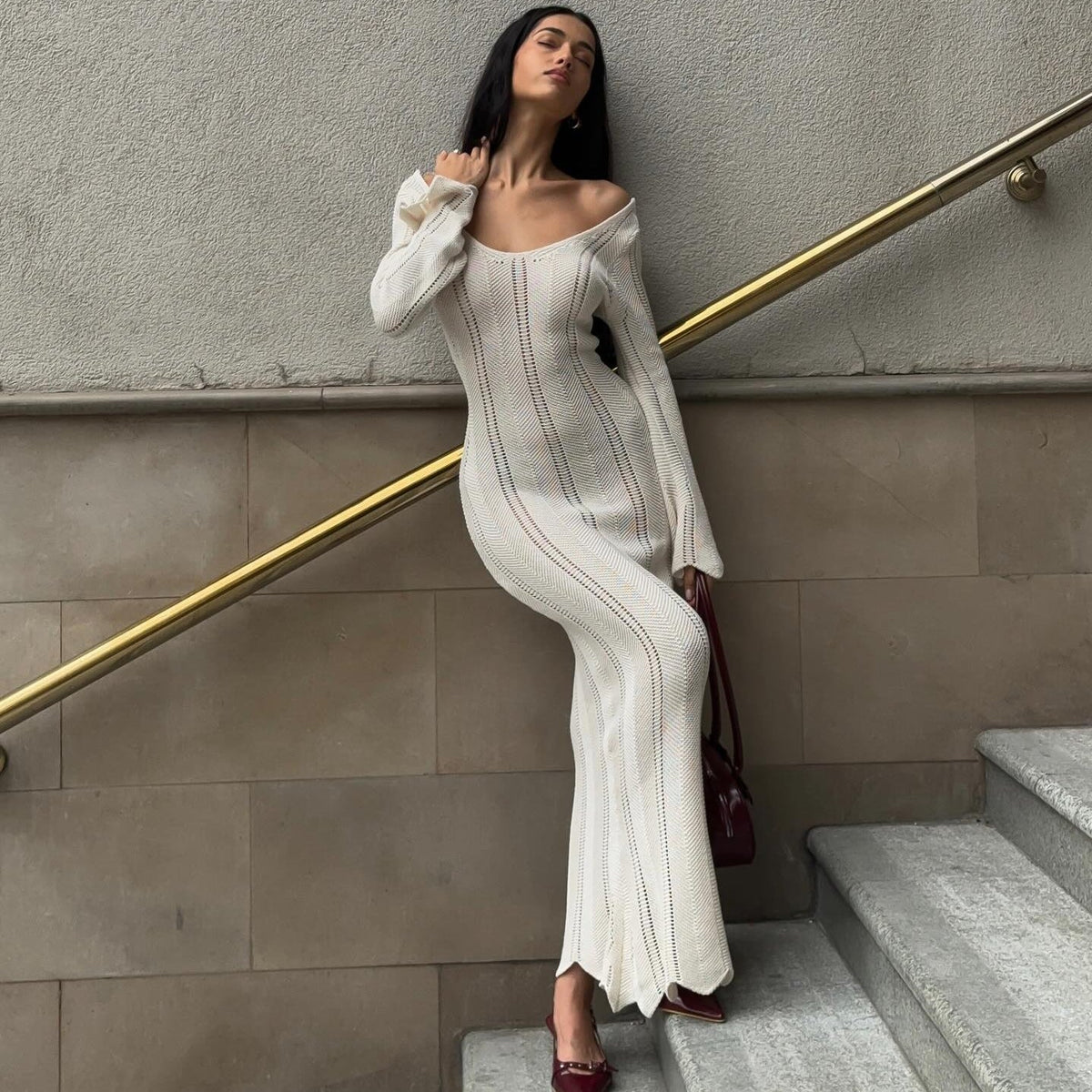 Scoop Neck Pointelle Knit Flared Sleeve Bodycon Maxi Dress