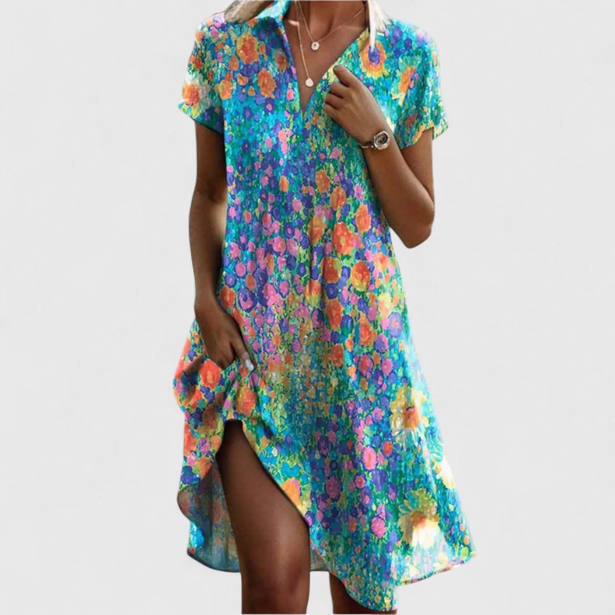 Round Neck Short Sleeve Polka Dot Speckled Print Pocket Midi Dress 4