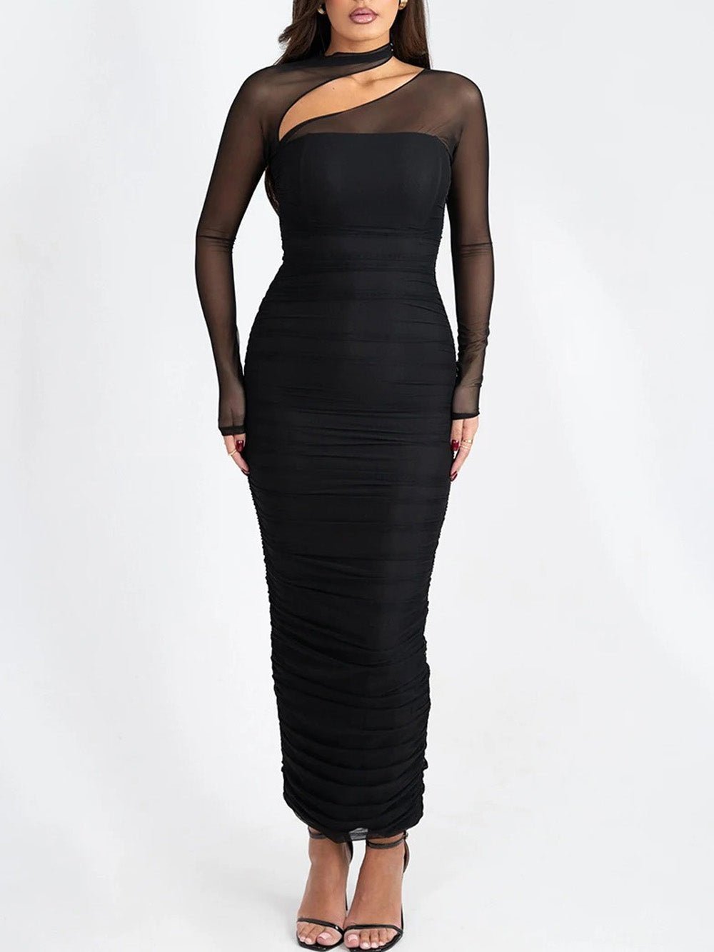 Sienna Mesh Ruched Maxi Dress Black - Fashion Pov
