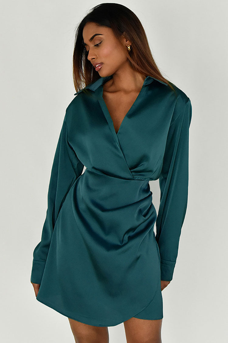 Emerald Green Collared V-Neck Long Sleeve Satin Ruched Wrap Mini Dress