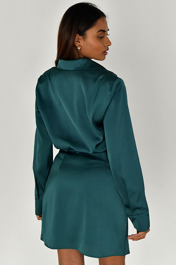 Emerald Green Collared V-Neck Long Sleeve Satin Ruched Wrap Mini Dress 2