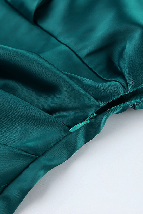 Emerald Green Collared V-Neck Long Sleeve Satin Ruched Wrap Mini Dress 4