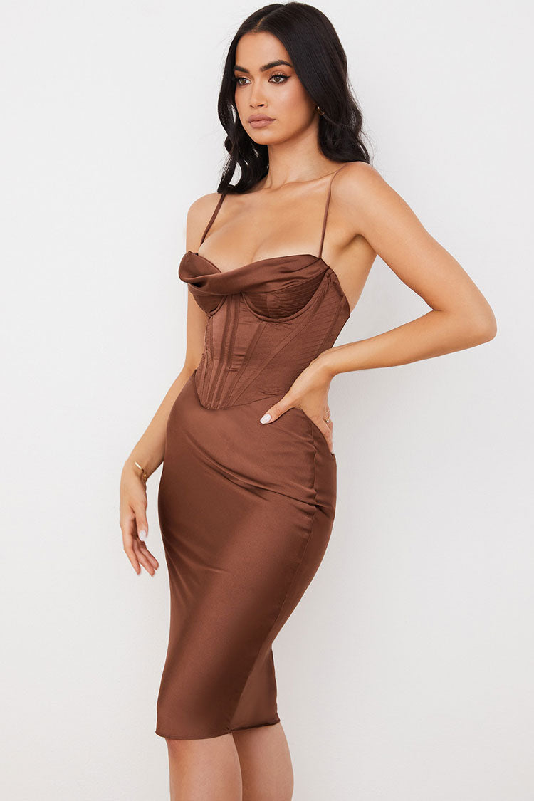 Coffee Cowl Neck Spaghetti Strap Satin Corset Bodycon Midi Dress