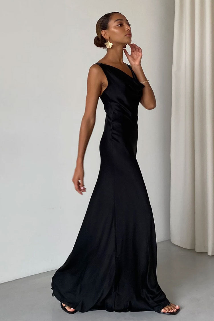 Black Cowl Neck Sleeveless Satin Bias Cut Fishtail Maxi Gown