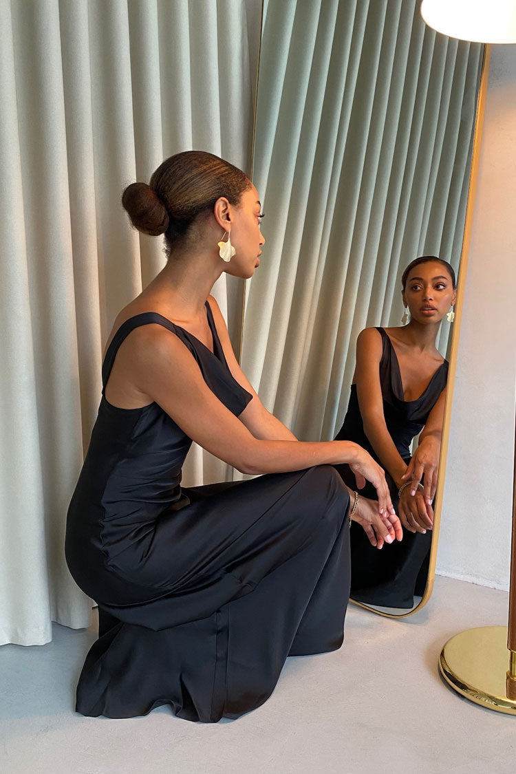 Black Cowl Neck Sleeveless Satin Bias Cut Fishtail Maxi Gown