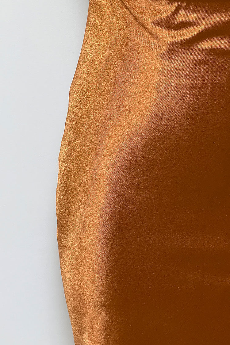 Rust Cowl Neck Spaghetti Strap Satin Ruched Side Slit Slip Midi Dress