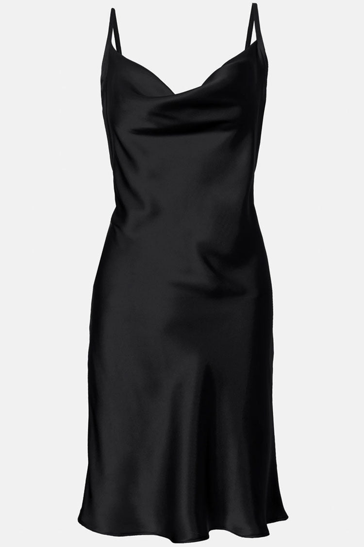 Black Cowl Neck Spaghetti Strap Satin Slip Bodycon Mini Dress