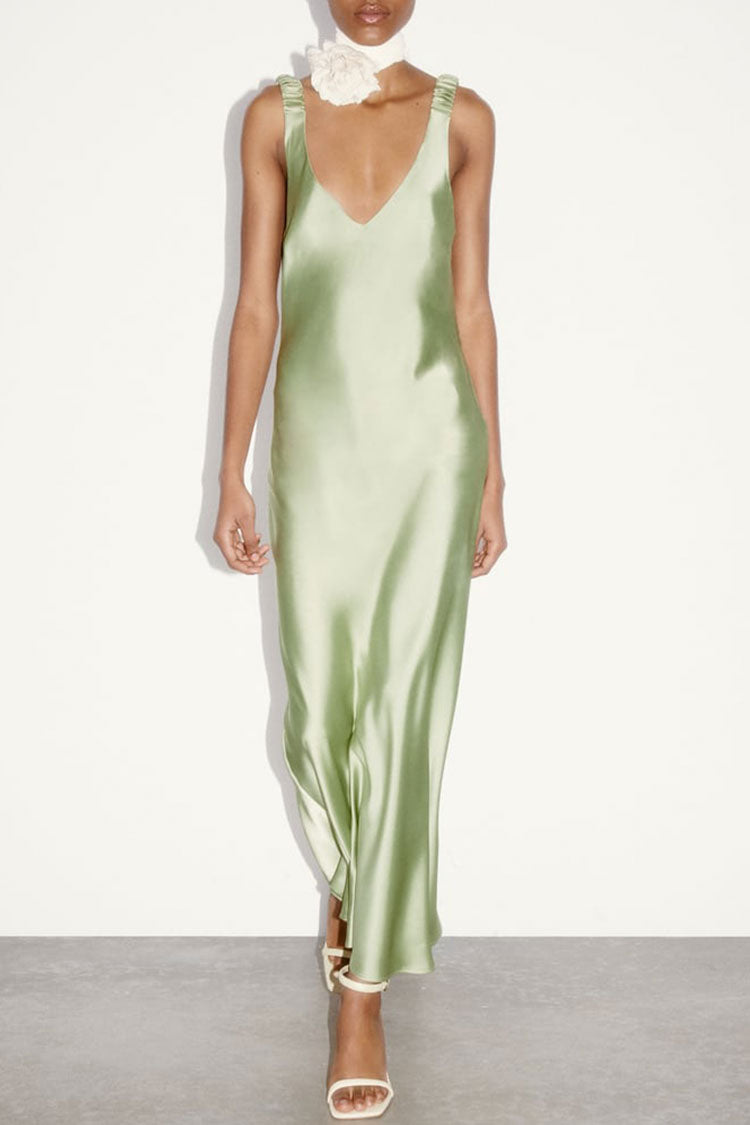 Green Deep V-Neck Ruched Strap Sleeveless Satin Slip Maxi Dress